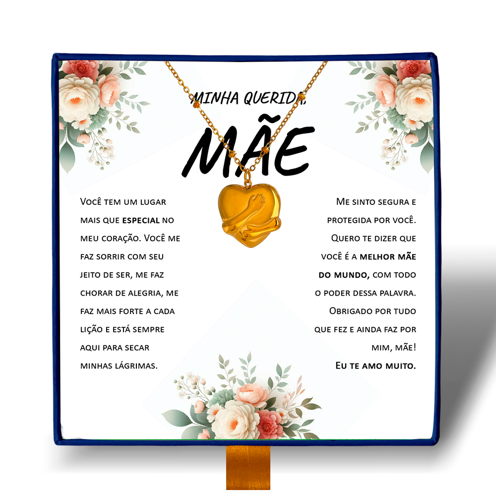 Minha Querida Mãe - Colar Coração Abraçado Banhado a Ouro 18k