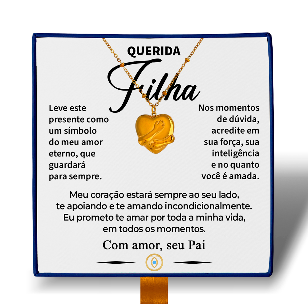 Querida Filha - Colar Coração Abraçado Banhado a Ouro 18k