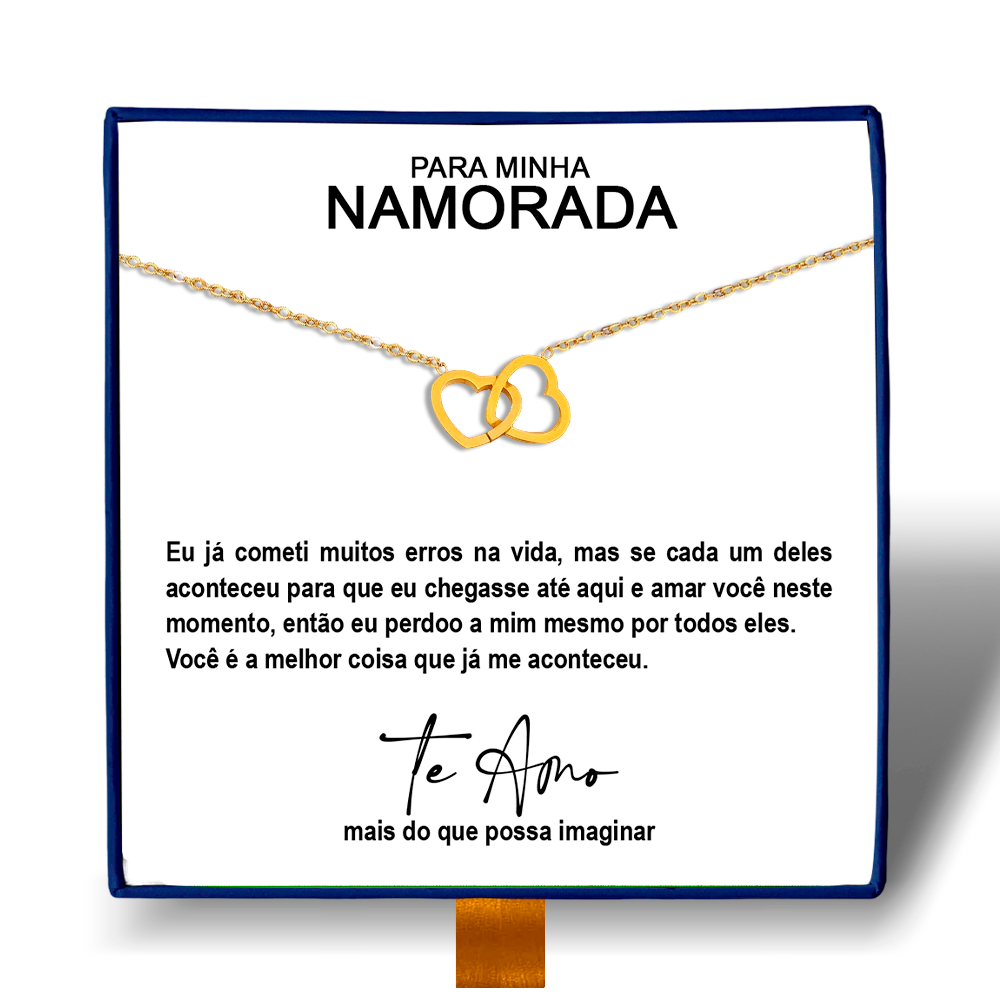Para Minha Namorada - Colar Duplo Coração Entrelaçados Banhado a Ouro 18k