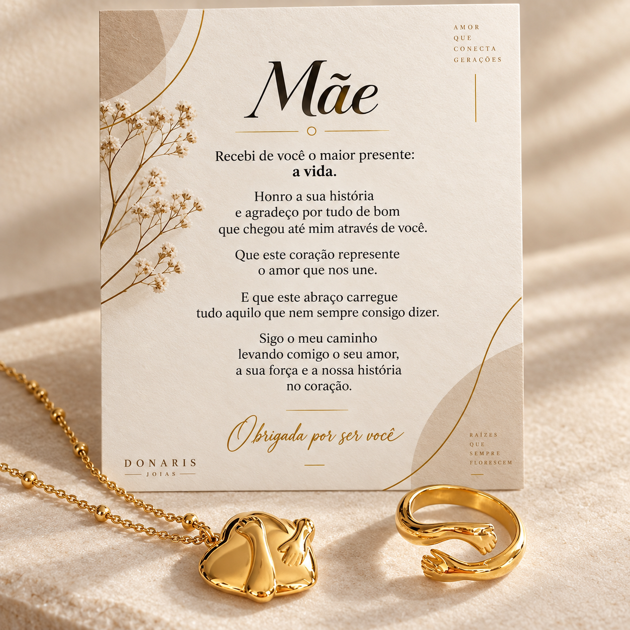 Mãe - Kit Abraço Eterno Colar + Anel Banhado a Ouro 18k