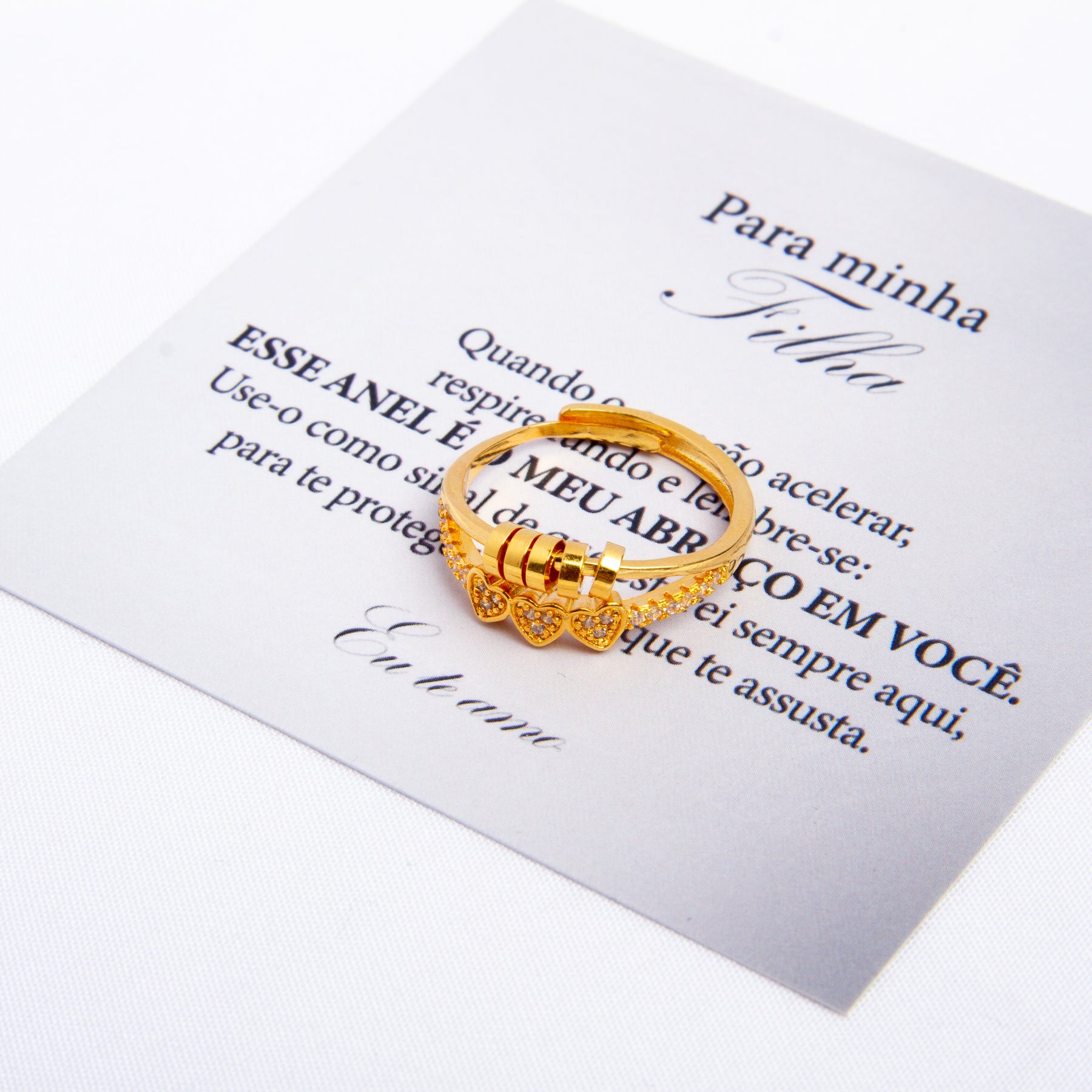Para Filha - Anel Anti Ansiedade Três Corações Banhado a Ouro 18k