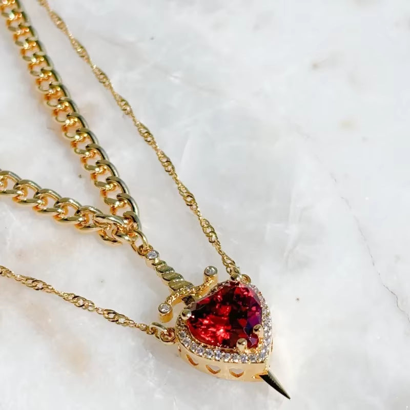 Colar Coração e Espada Banhado a Ouro 18k - 2 em 1-1