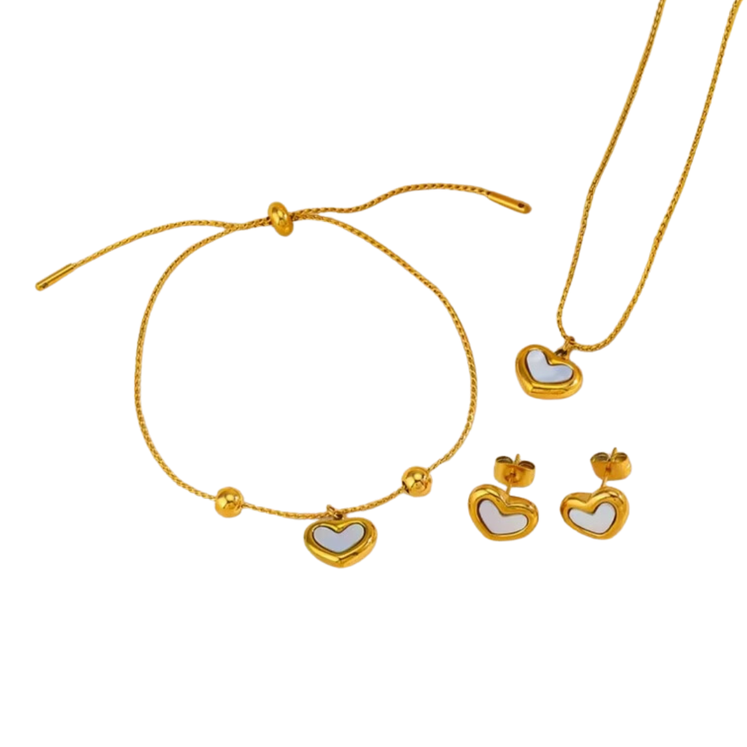 Conjunto De Joias Coração Pérola Banhado em Ouro 18k (Colar, Brinco, Pulseira)