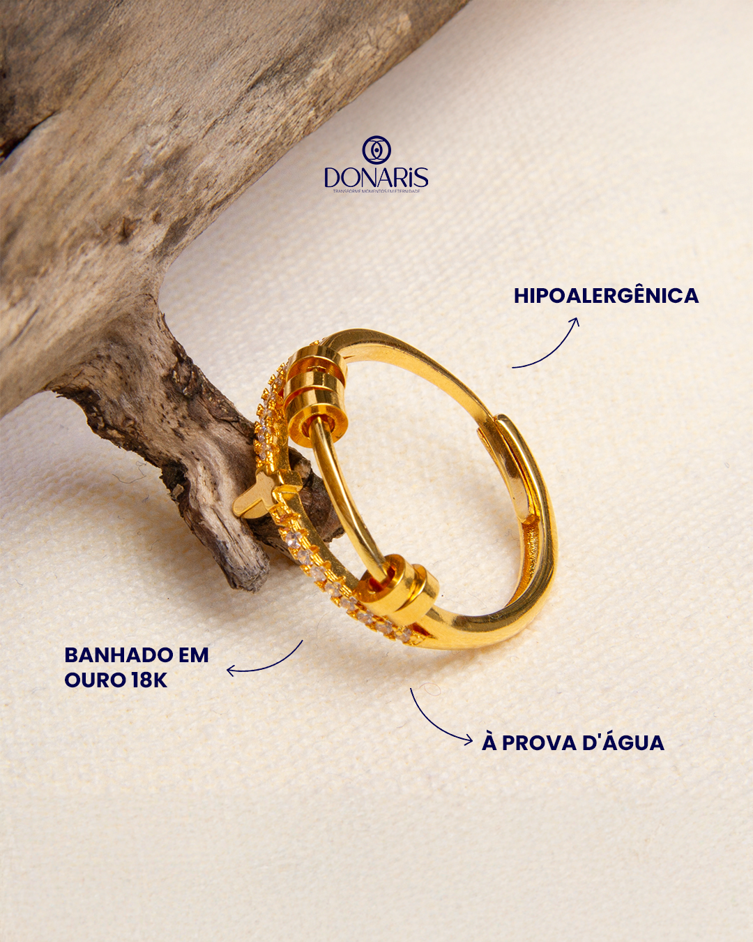 Para Filha - Anel Anti Ansiedade Cruz Banhado a Ouro 18k