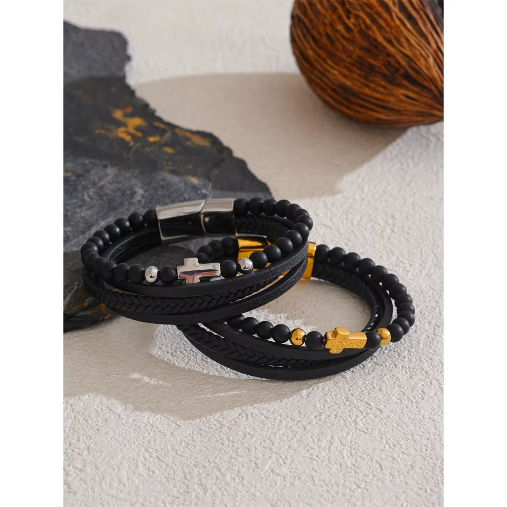 Pulseira Masculina Em Couro Banhada a Ouro 18k