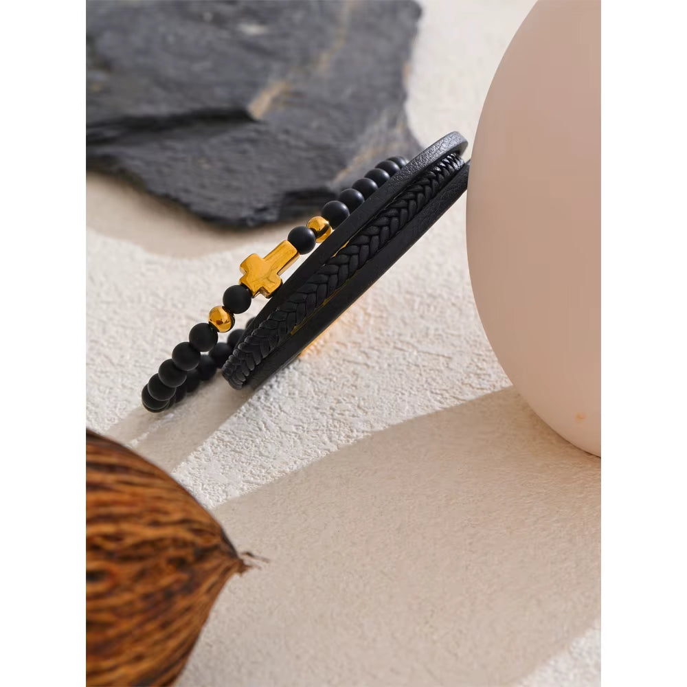 Pulseira Masculina Em Couro Banhada a Ouro 18k