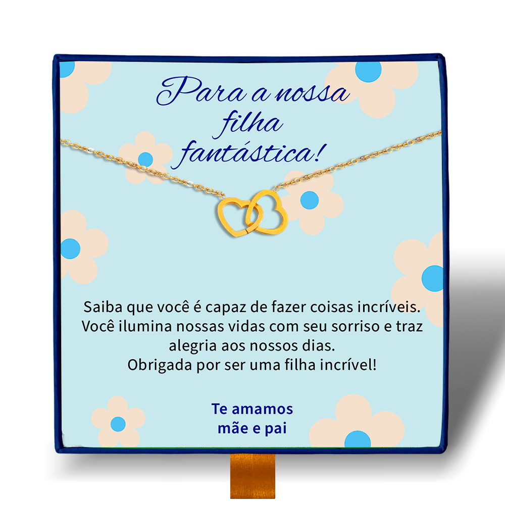 Nossa Fantástica Filha - Colar Duplo Coração Entrelaçados Banhado a Ouro 18k