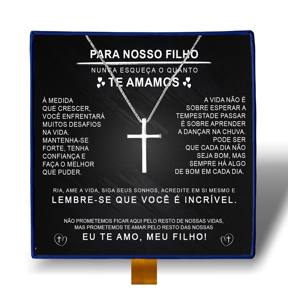 Para Meu Filho- Colar Cruz Banhado a Ouro Branco 18k