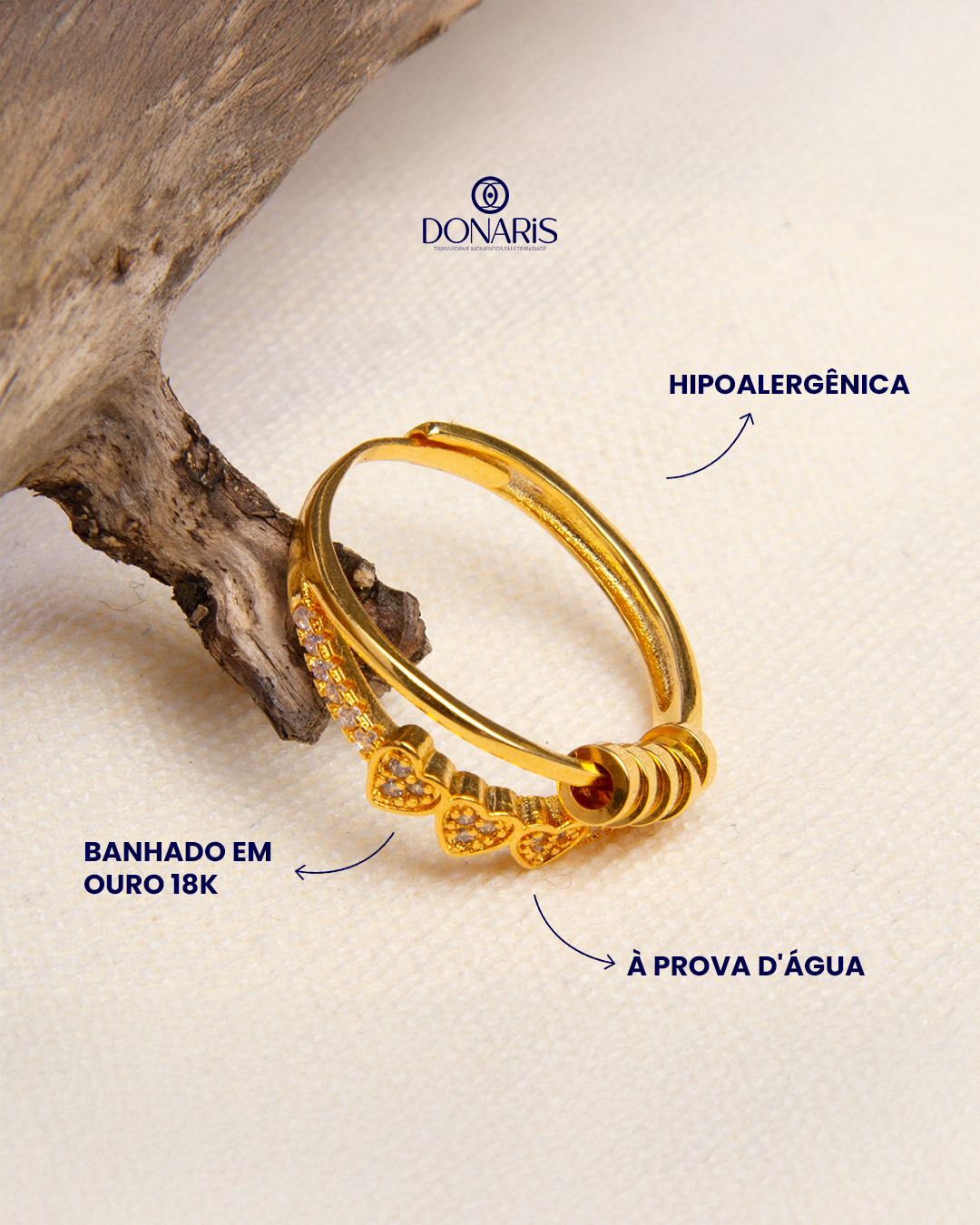 Para Filha - Anel Anti Ansiedade Três Corações Banhado a Ouro 18k