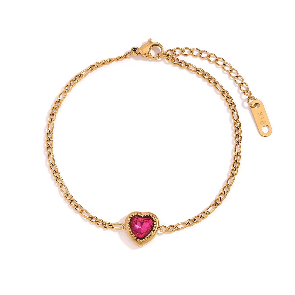 Pulseira Coração Rubi Banhado a Ouro 18k