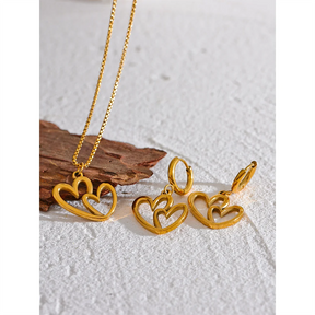 Conjunto De Joias Duplo Coração Banhado em Ouro 18k (Colar, Brinco)